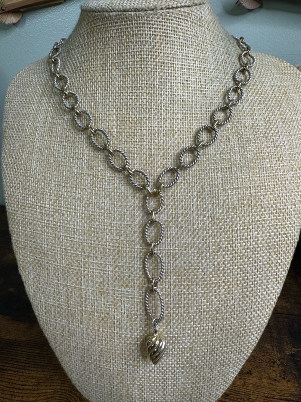 Napier Silver-Tone Twisted Rope Link Y-Necklace with Swirl Drop